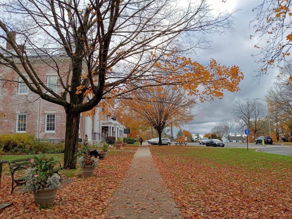 Lenox library seen through falling autum leaves, Oct. 2022; Dave Read photo.